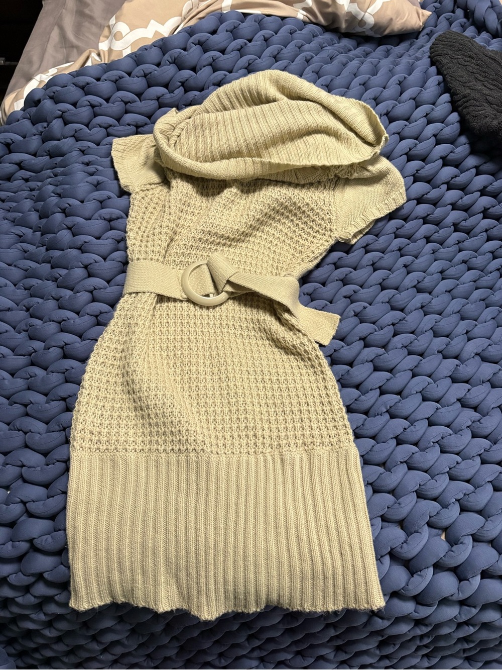 Cowl-Neck Belted Knit Sweater Dress in Cream